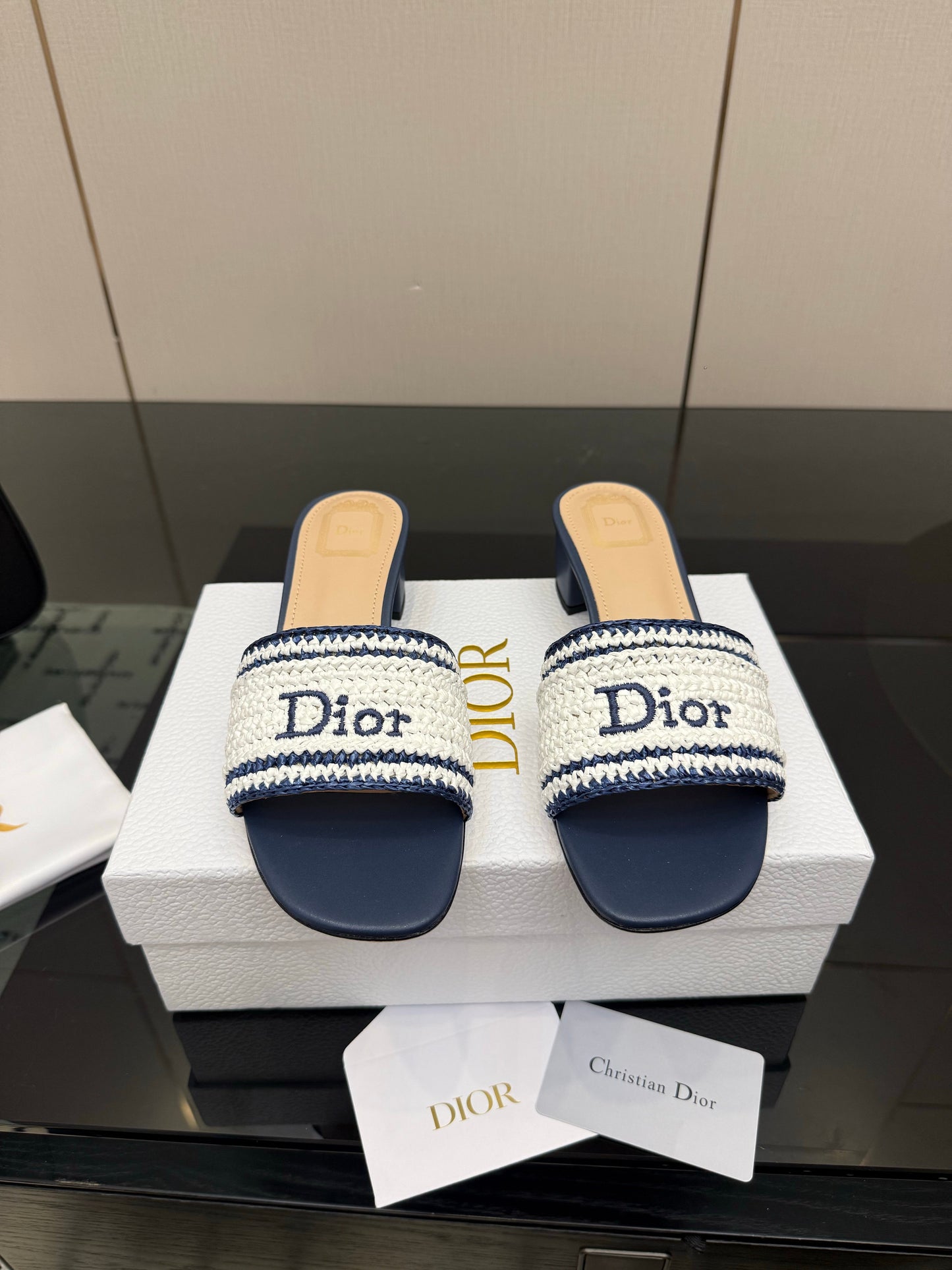 CD Dioriviera Woven Slides 4cm White Blue Fabric Goatskin 828261