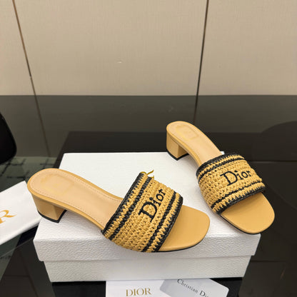 CD Dioriviera Woven Slides 4cm Beige Fabric Goatskin 828263