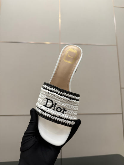 CD Dioriviera Woven Slides 4cm White Fabric Goatskin 828265