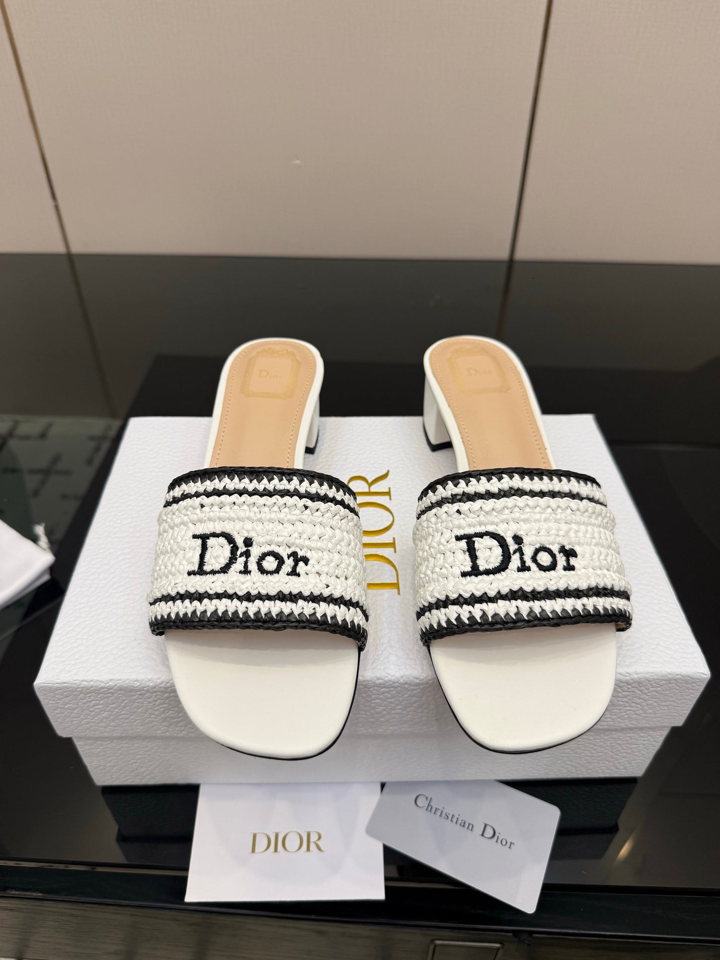 CD Dioriviera Woven Slides 4cm White Fabric Goatskin 828265