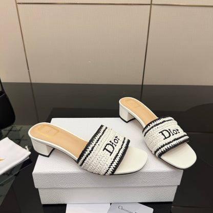 CD Dioriviera Woven Slides 4cm White Fabric Goatskin 828265