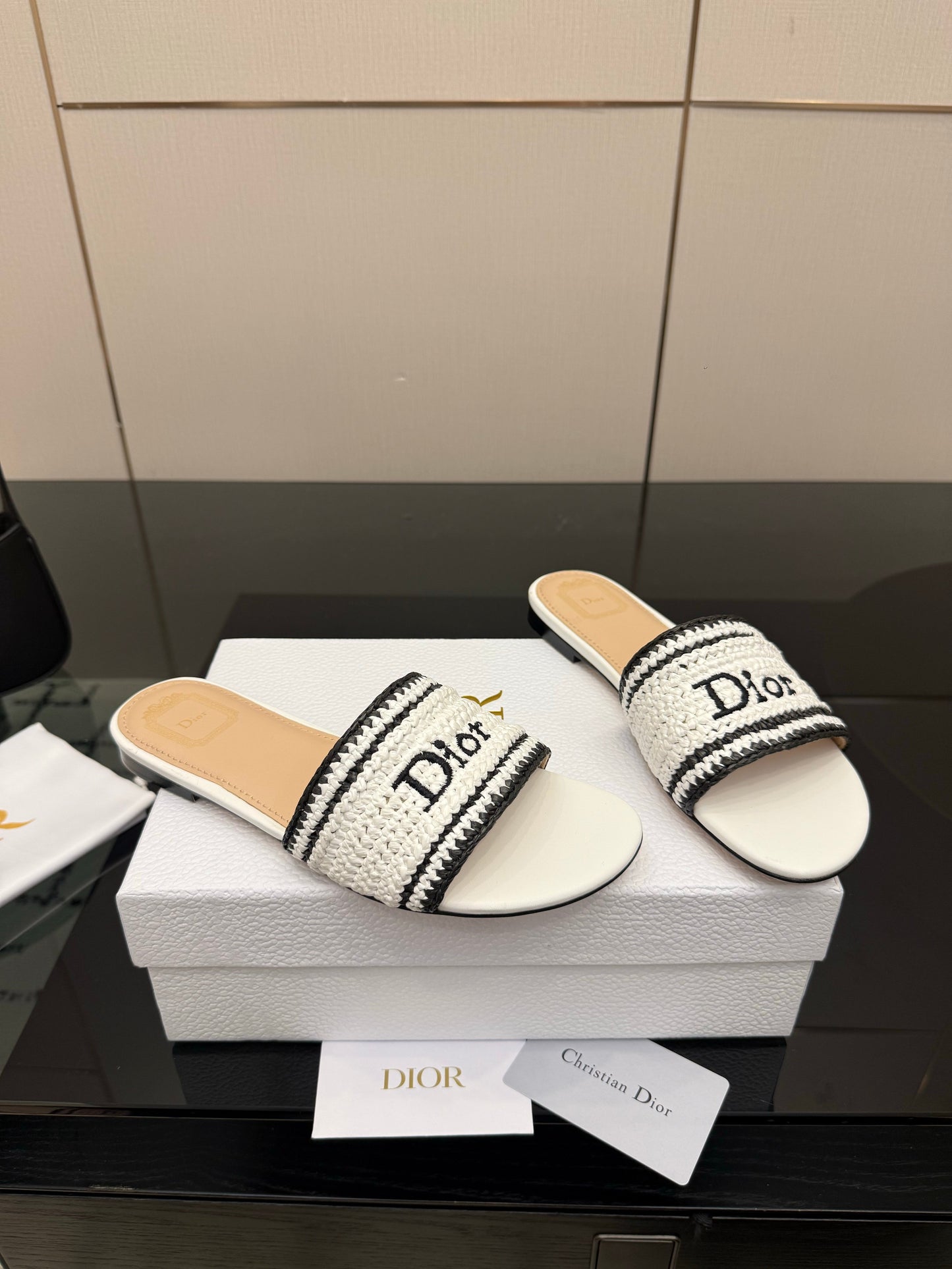CD Dioriviera Woven Slides White Fabric Goatskin 828267