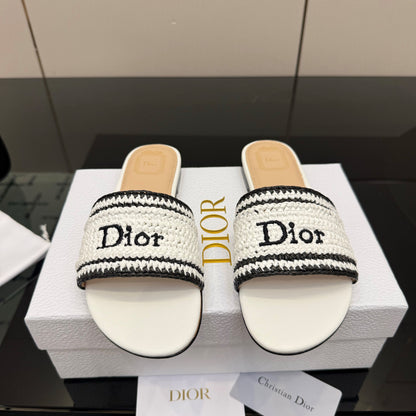 CD Dioriviera Woven Slides White Fabric Goatskin 828267