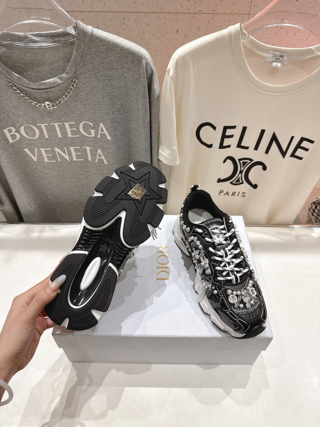 CD 25s Sneaker In Black Lambskin And Mesh Fabric With Pearl Detailing