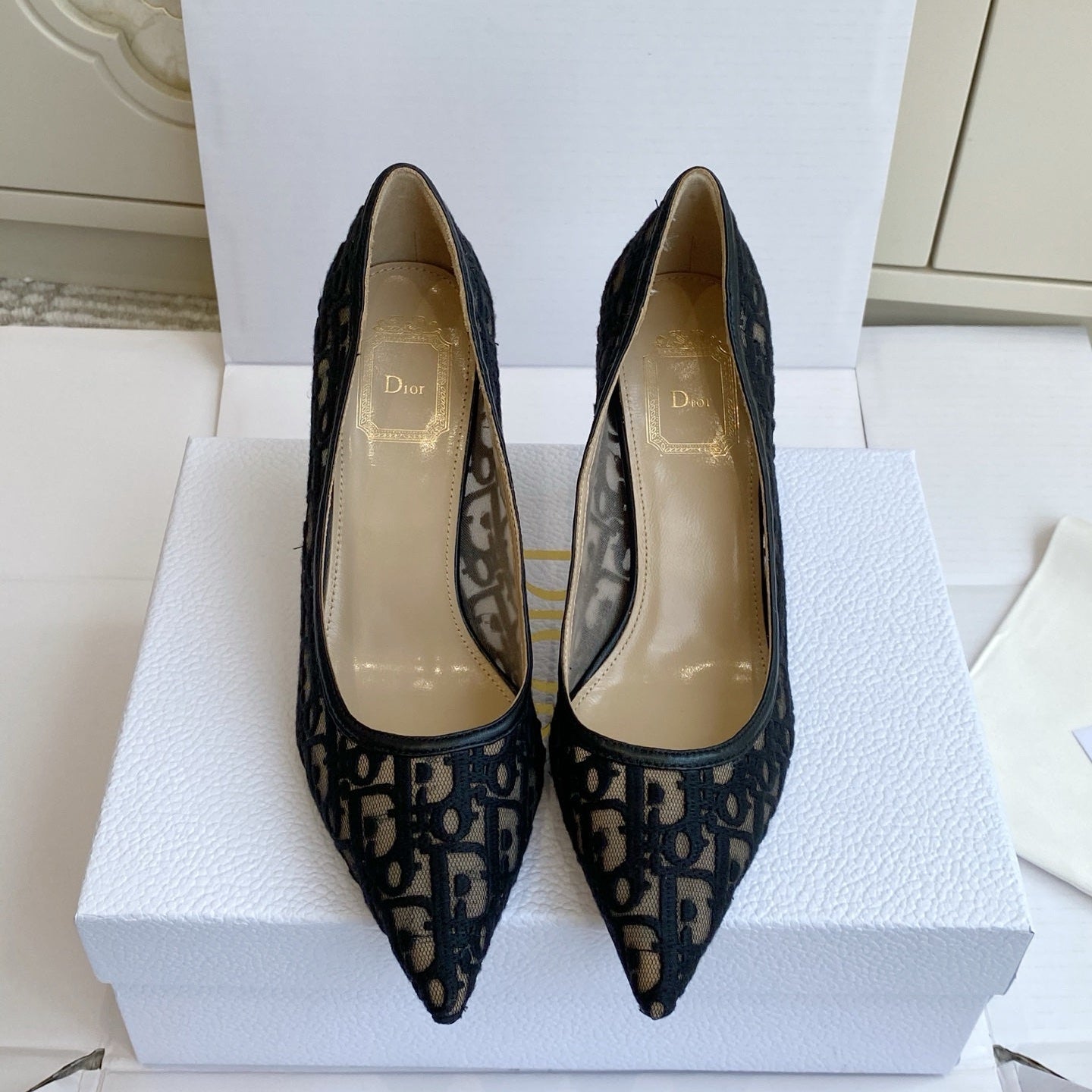 CD 26s Adioable Pump 8cm Monogram Black Beige Mesh Lambskin 909642