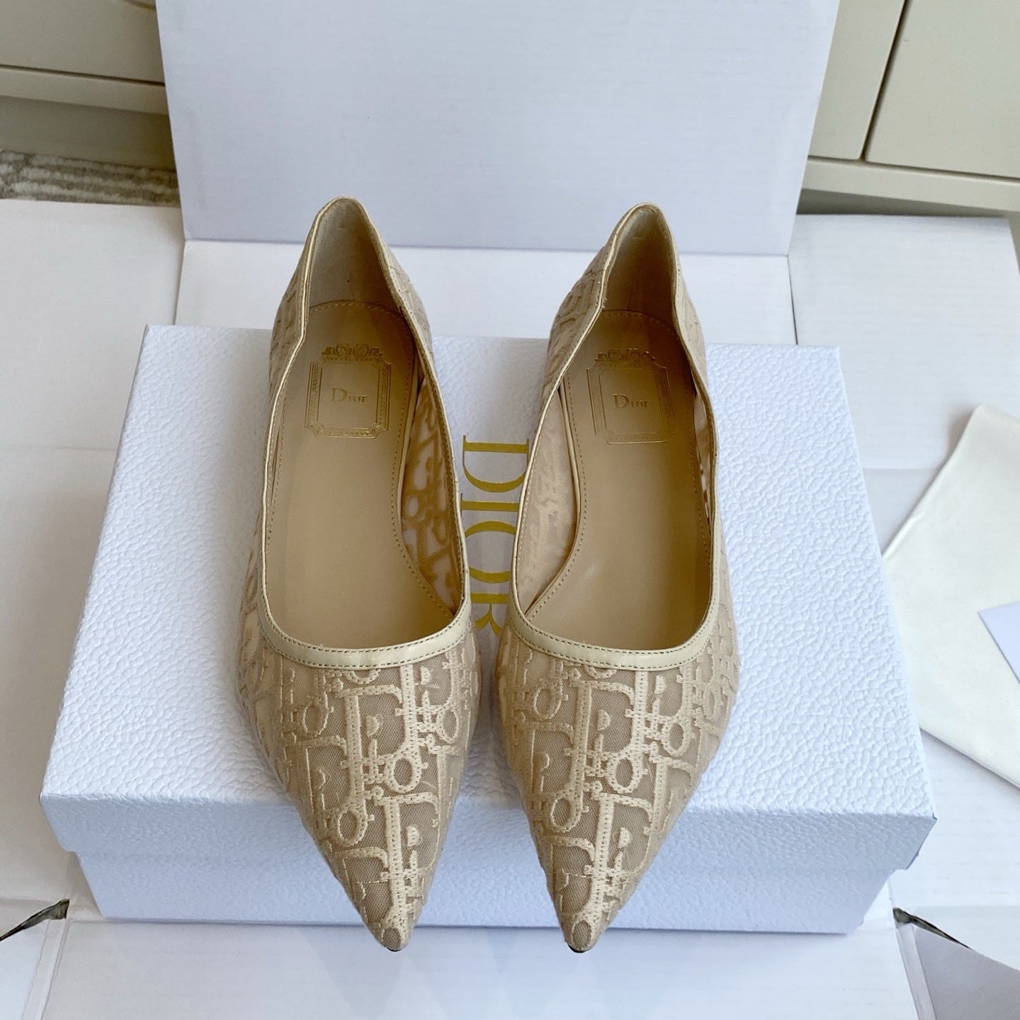 CD 26s Adioable Ballet Flat Monogram Beige Mesh Lambskin 909643
