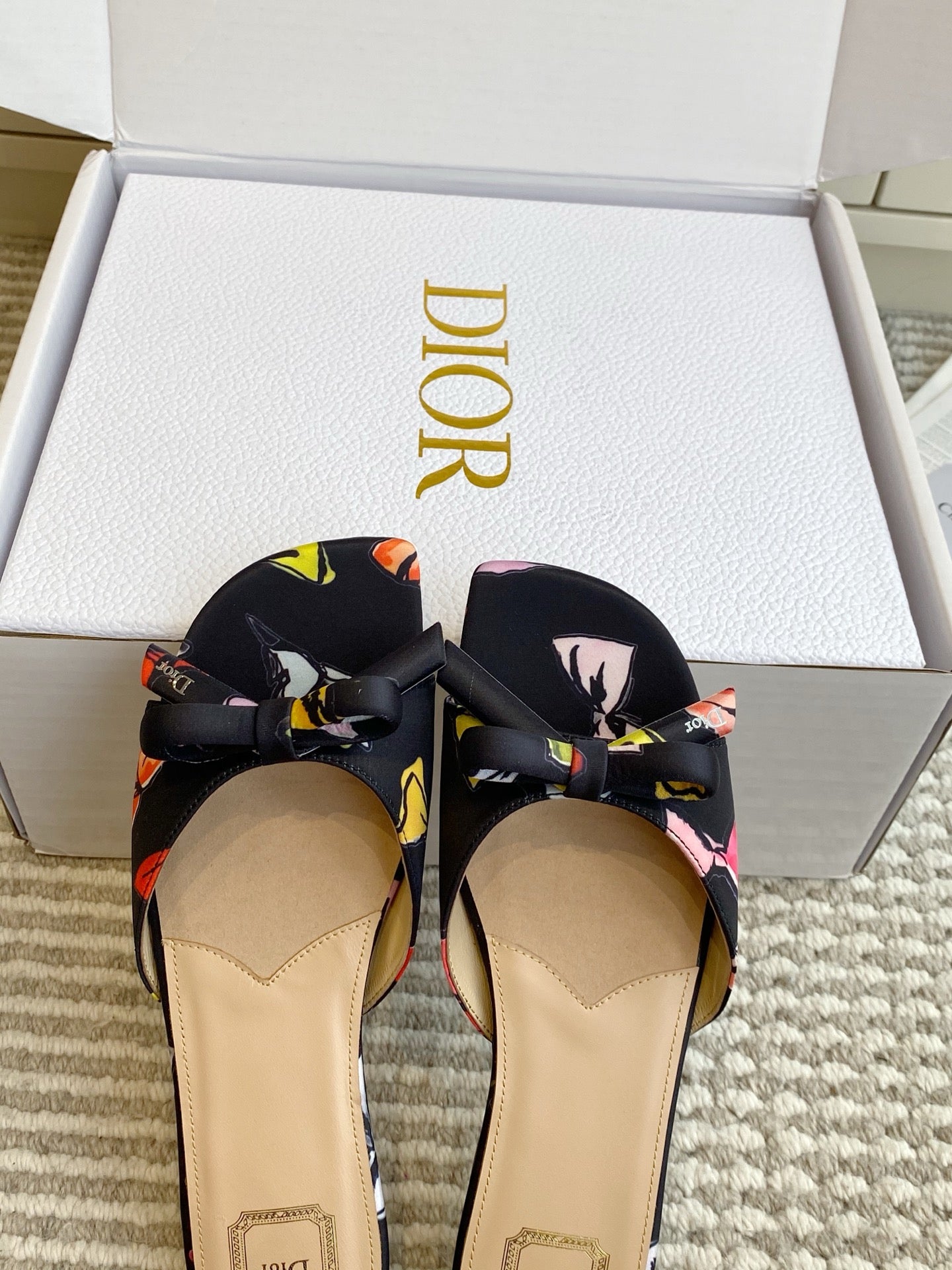CD 26s Bow Kitten Flat Open Back Sandals Black Lambskin 909654