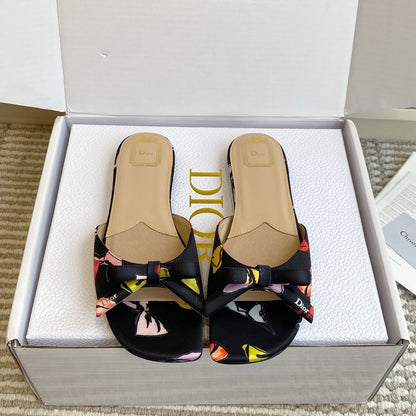 CD 26s Bow Kitten Flat Open Back Sandals Black Lambskin 909654