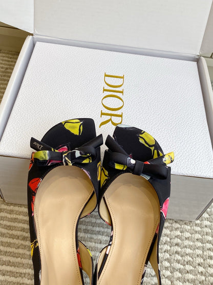 CD 26s Bow Kitten Heel Open Back Sandals Black Lambskin 909655