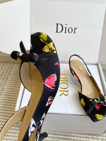 CD 26s Bow Kitten Heel Open Back Sandals Black Lambskin 909655