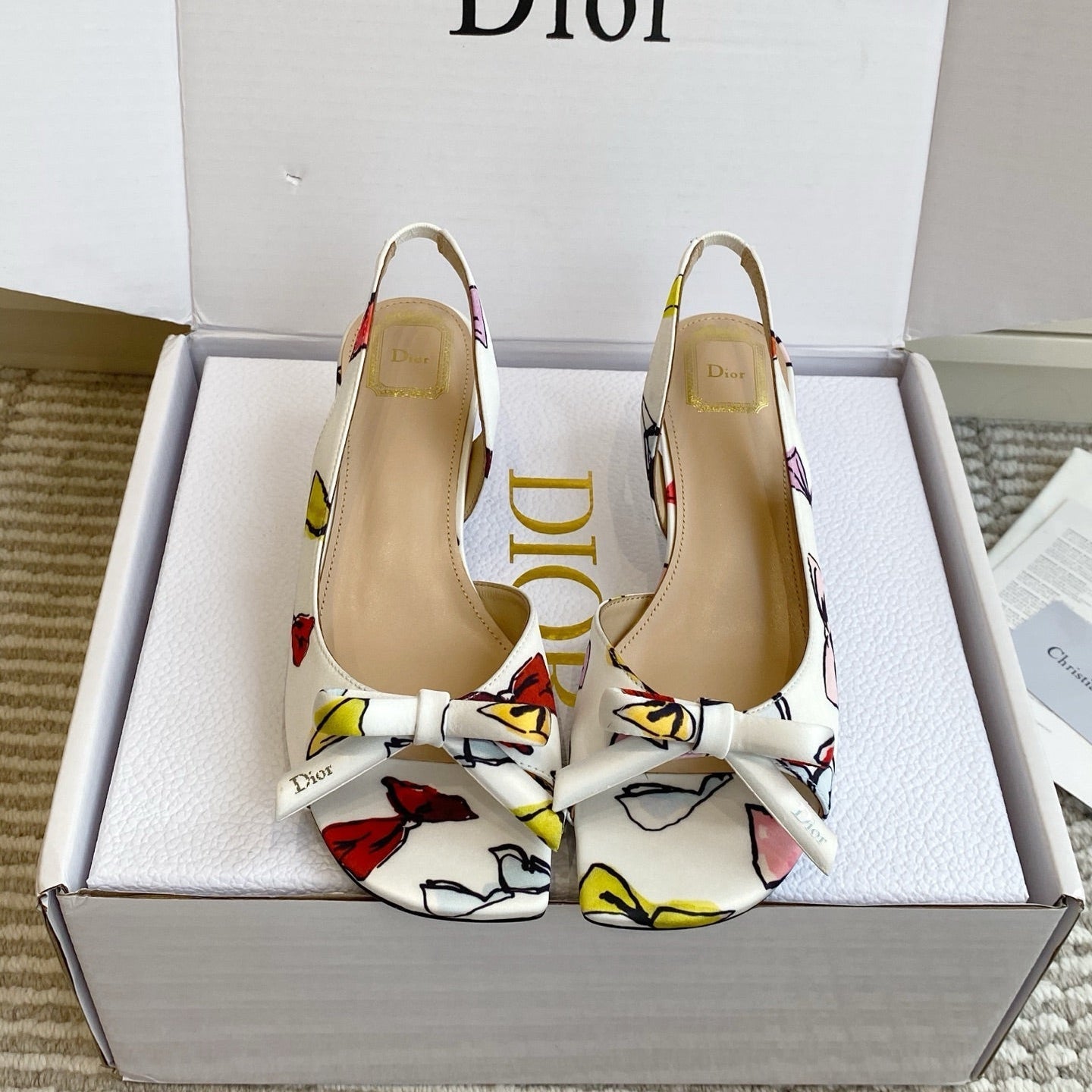 CD 26s Bow Kitten Heel Open Back Sandals White Lambskin 909657