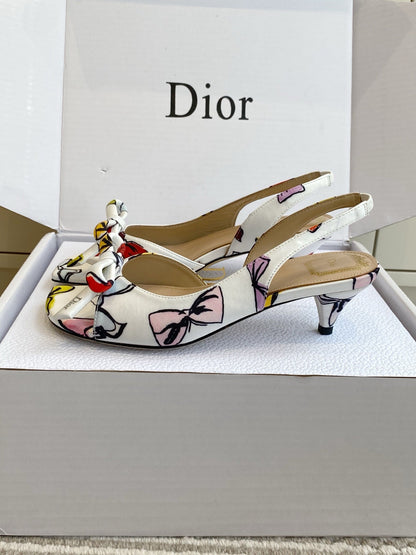 CD 26s Bow Kitten Heel Open Back Sandals White Lambskin 909657