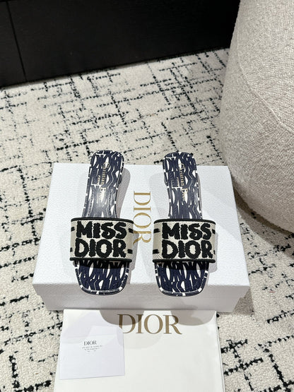 CD Dway Heeled Slide Deep Blue Mix Black White Embroidered Cotton