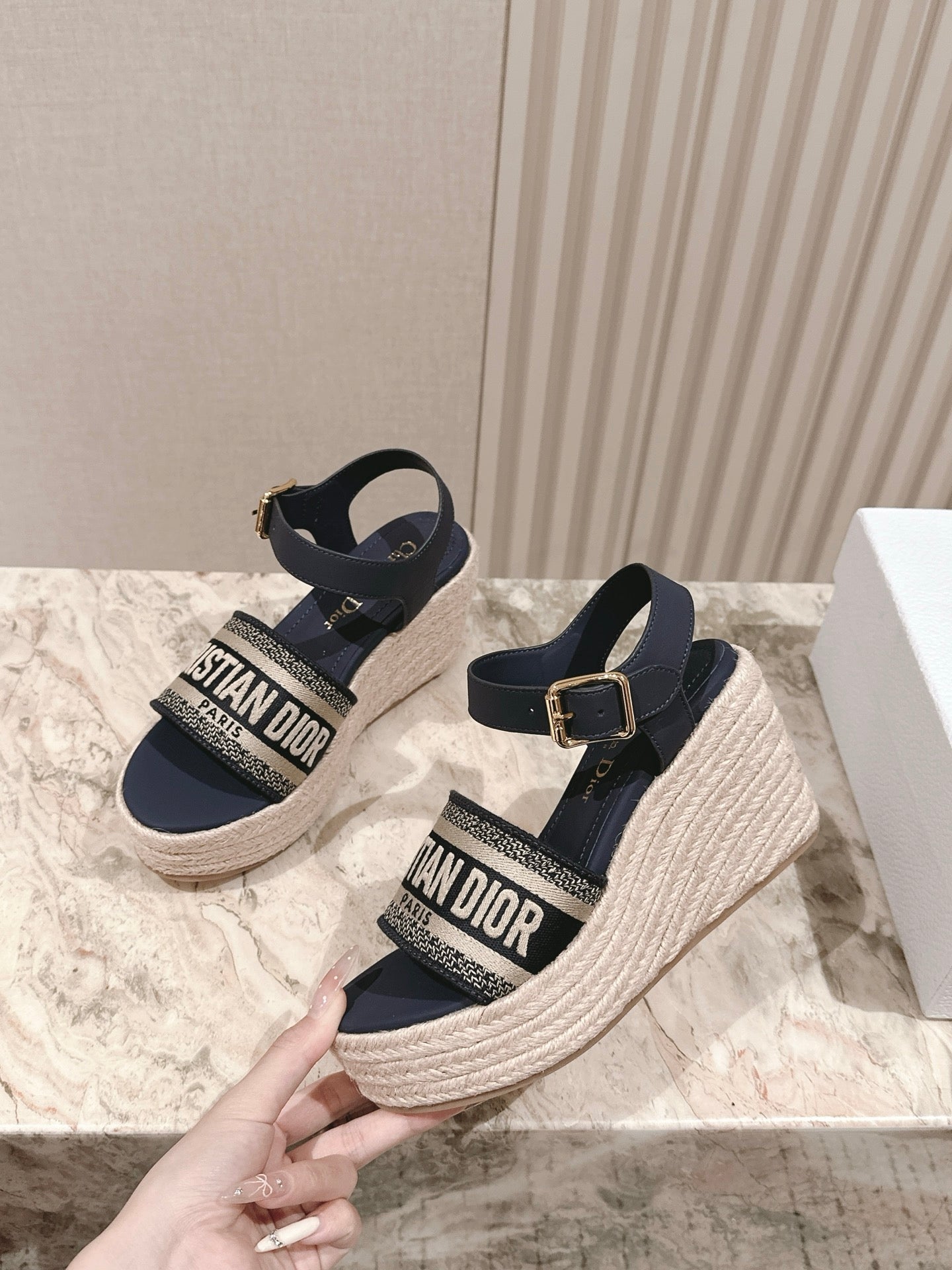 CD Dway Wedge  Sandal 85mm Deep Blue Calfskin and Embroidered 483077
