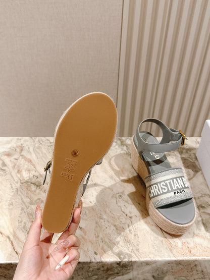 CD Dway Wedge  Sandal 85mm Warm gray-brown Calfskin and Embroidered 483079