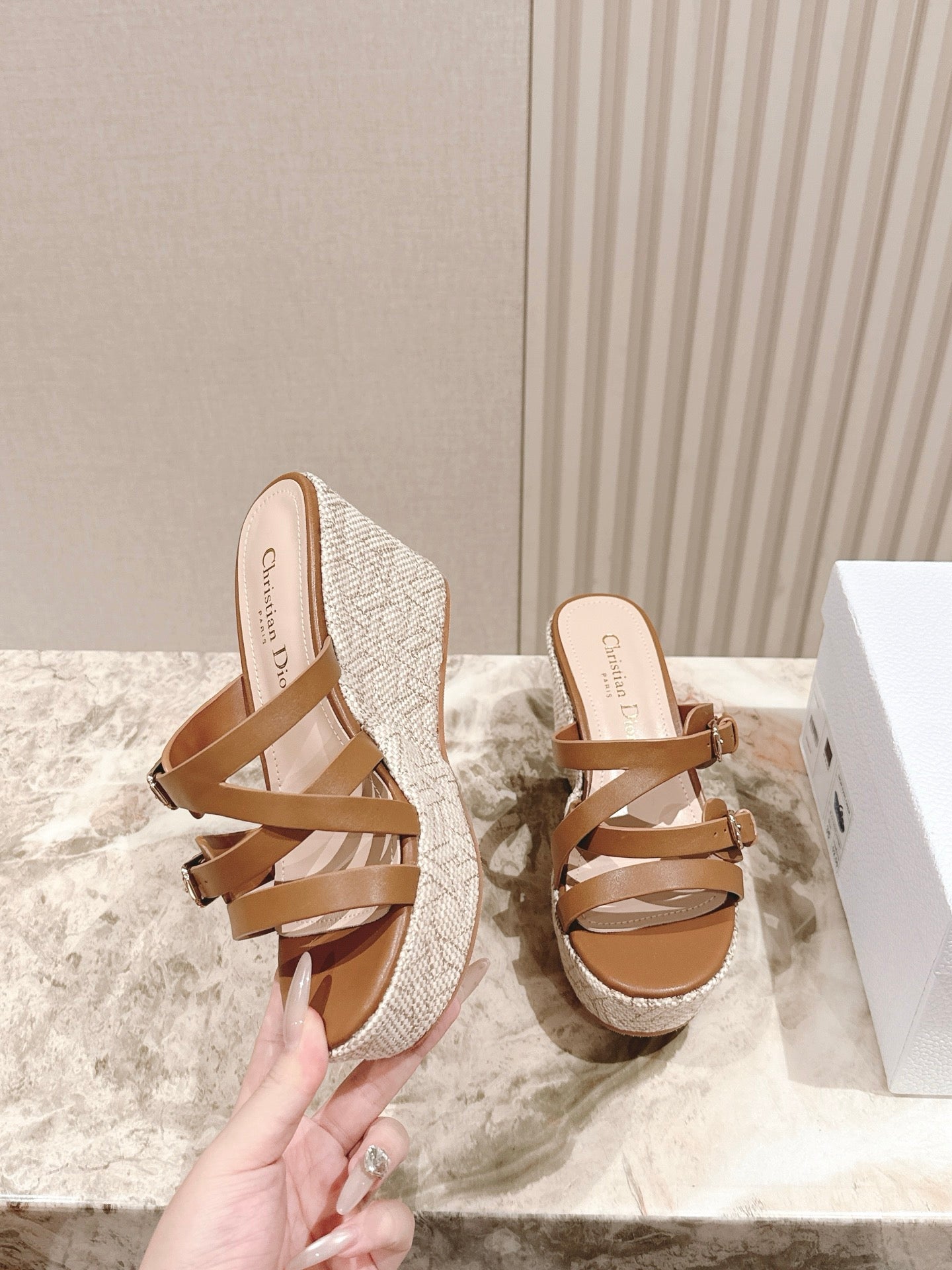 CD Wedge Hemp Sandal 85mm Brown Beige  Lambskin 483083