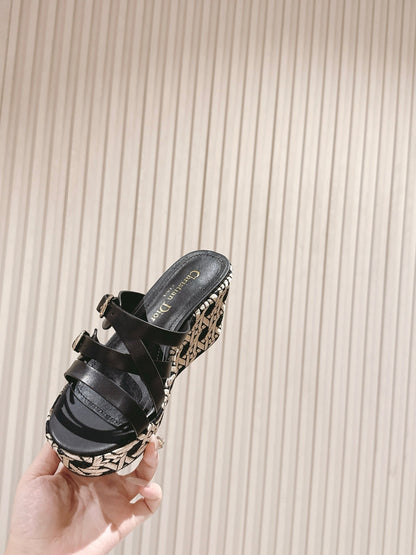CD L'Amazone Wedge Slide 85mm Black  Calfskin and Raffia  483084