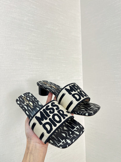 dway heeled slide 35 embroidered cotton black miss cd alllover motif