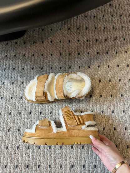 CD Dioract Sandal 40mm Brown Yellow Suede And Fleece Lining