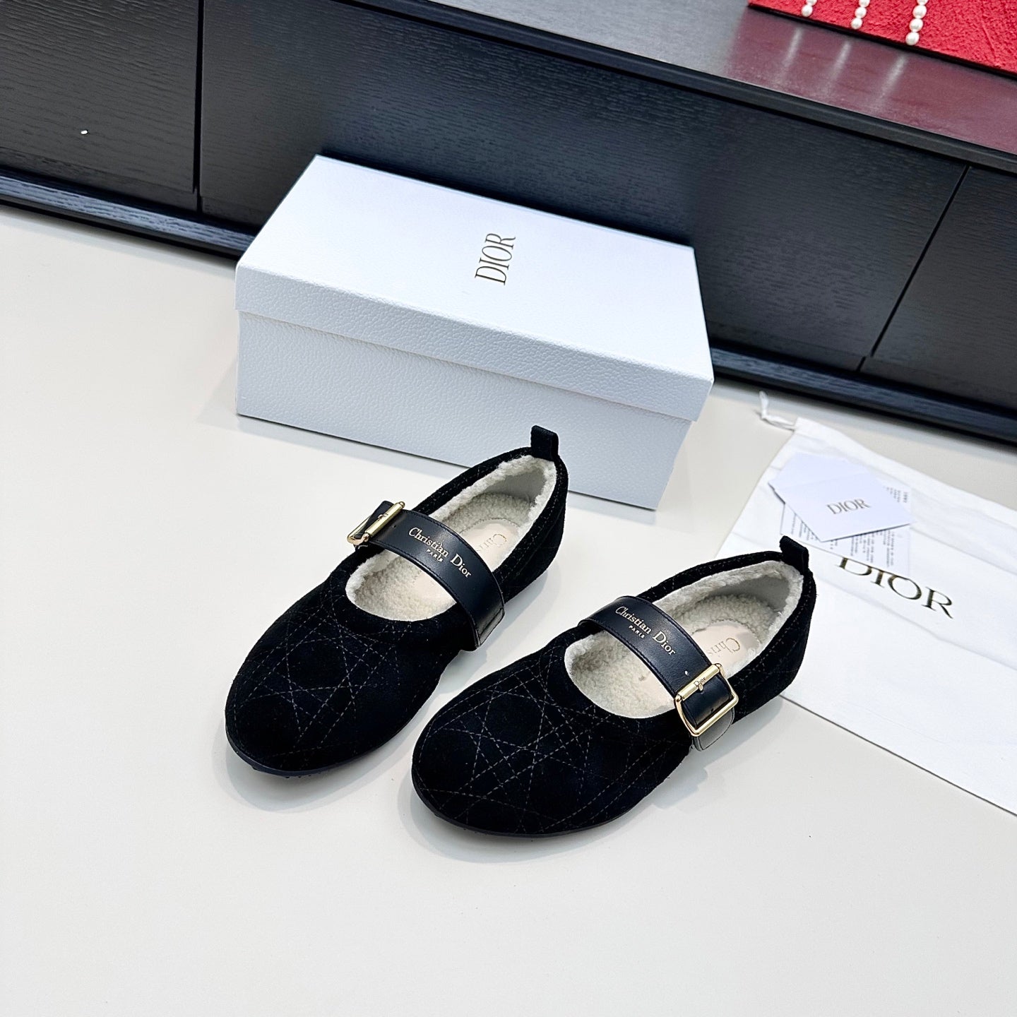 CD 26s Frost Ballet Flat In Black Cannage Suede And Calfskin