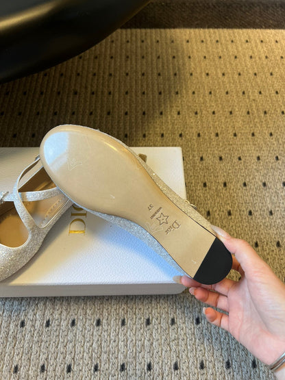 CD 26s New Flat Ballet Flats With Cross Straps White Glitter 622216