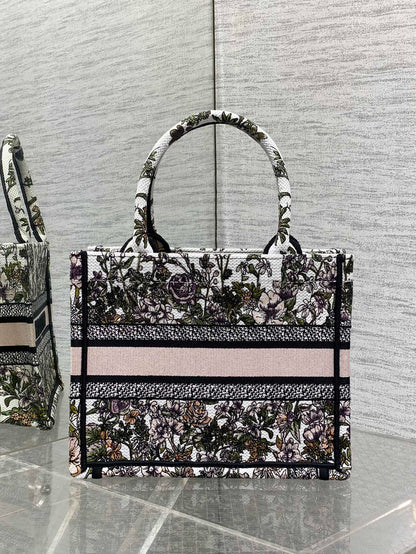 CD Small Dior Book Tote Full Floral Motif White Pink Cotton
