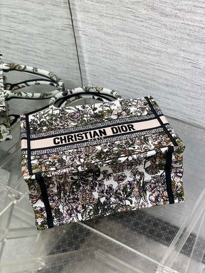 CD Small Dior Book Tote Full Floral Motif White Pink Cotton