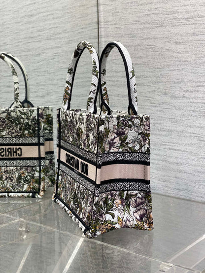 CD Small Dior Book Tote Full Floral Motif White Pink Cotton