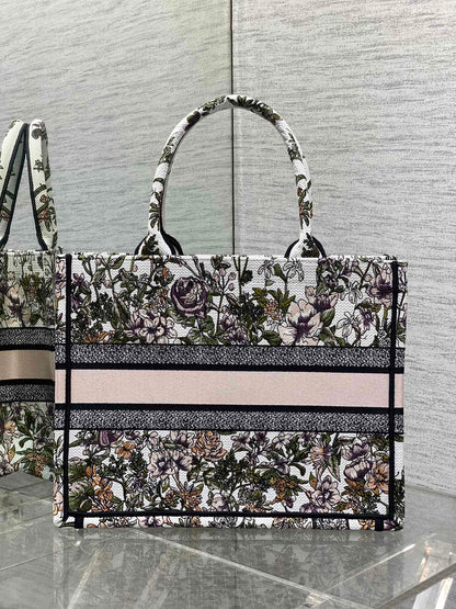 CD Medium Dior Book Tote Full Floral Motif White Pink Cotton 272912