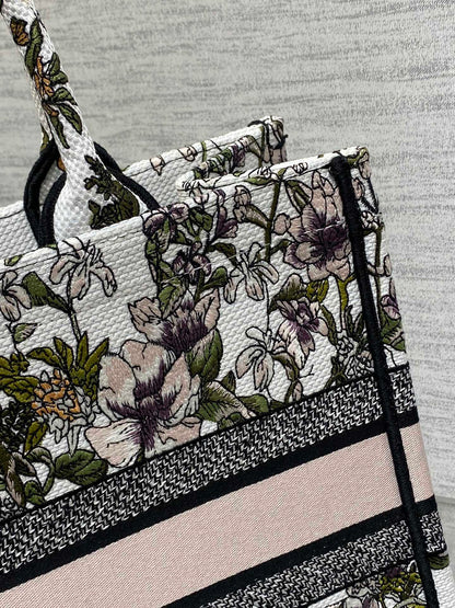 CD Medium Dior Book Tote Full Floral Motif White Pink Cotton 272912