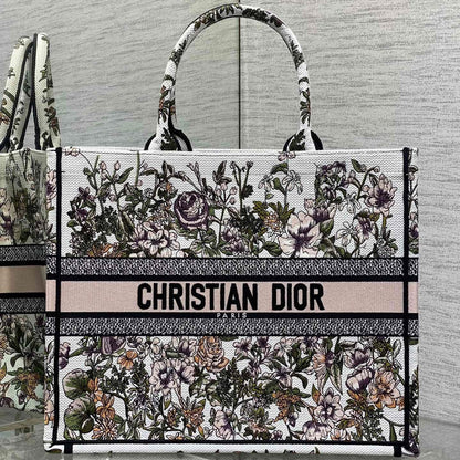 CD Medium Dior Book Tote Floral Motif White Pink Cotton