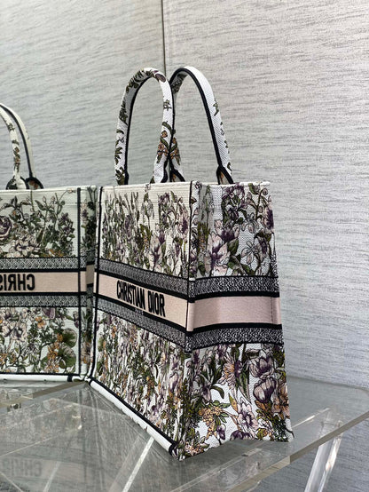 CD Medium Dior Book Tote Floral Motif White Pink Cotton