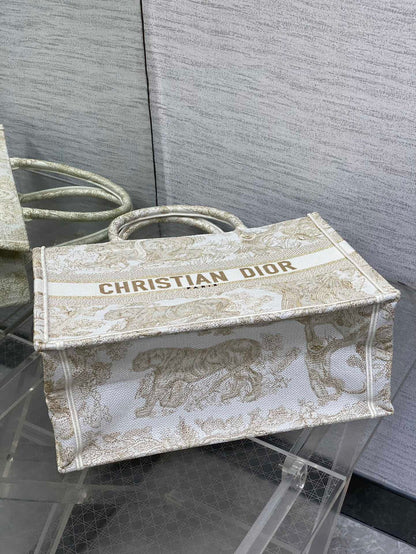 CD Medium Dior Book Tote Tiger Motif White Beige Cotton