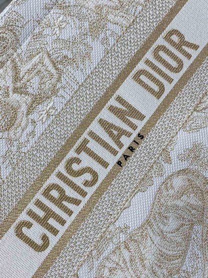 CD Medium Dior Book Tote Tiger Motif White Beige Cotton