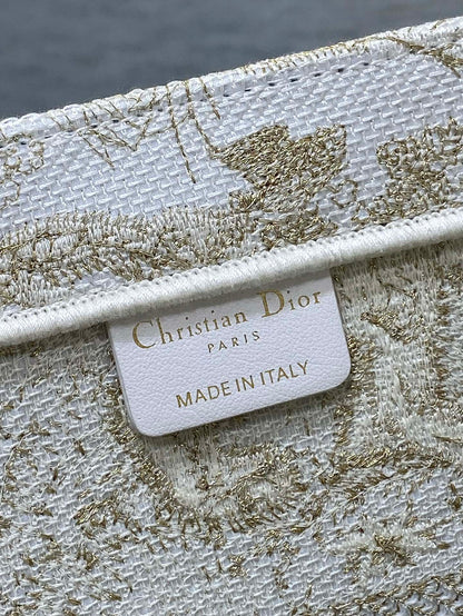 CD Medium Dior Book Tote Tiger Motif White Beige Cotton