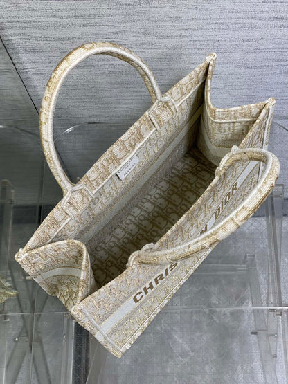 CD Medium Dior Book Tote White Beige Cotton Oblique Jacquard