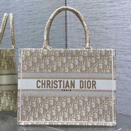 CD Medium Dior Book Tote White Beige Cotton Oblique Jacquard