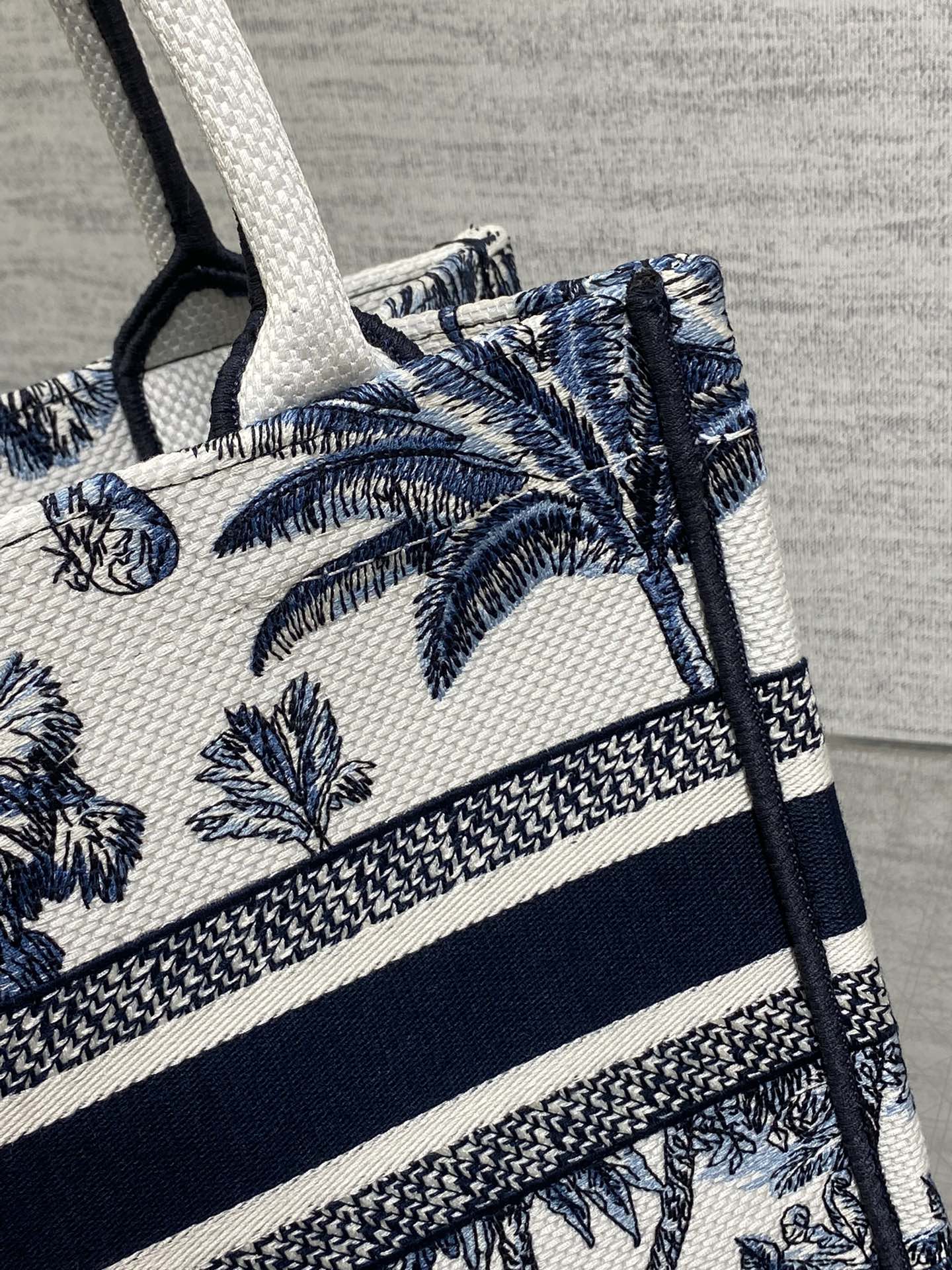 CD Small Dior Book Tote Tropical Pattern Slate Blue White Black Cotton