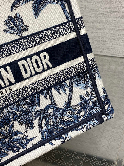 CD Small Dior Book Tote Tropical Pattern Slate Blue White Black Cotton