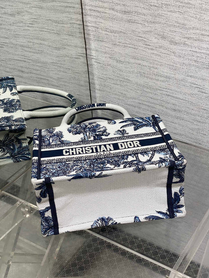 CD Small Dior Book Tote Tropical Pattern Slate Blue White Black Cotton