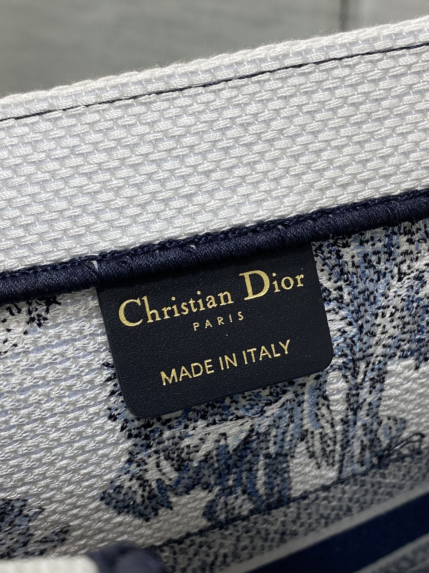 CD Medium Dior Book Tote Tropical Pattern Slate Blue White Black Cotton