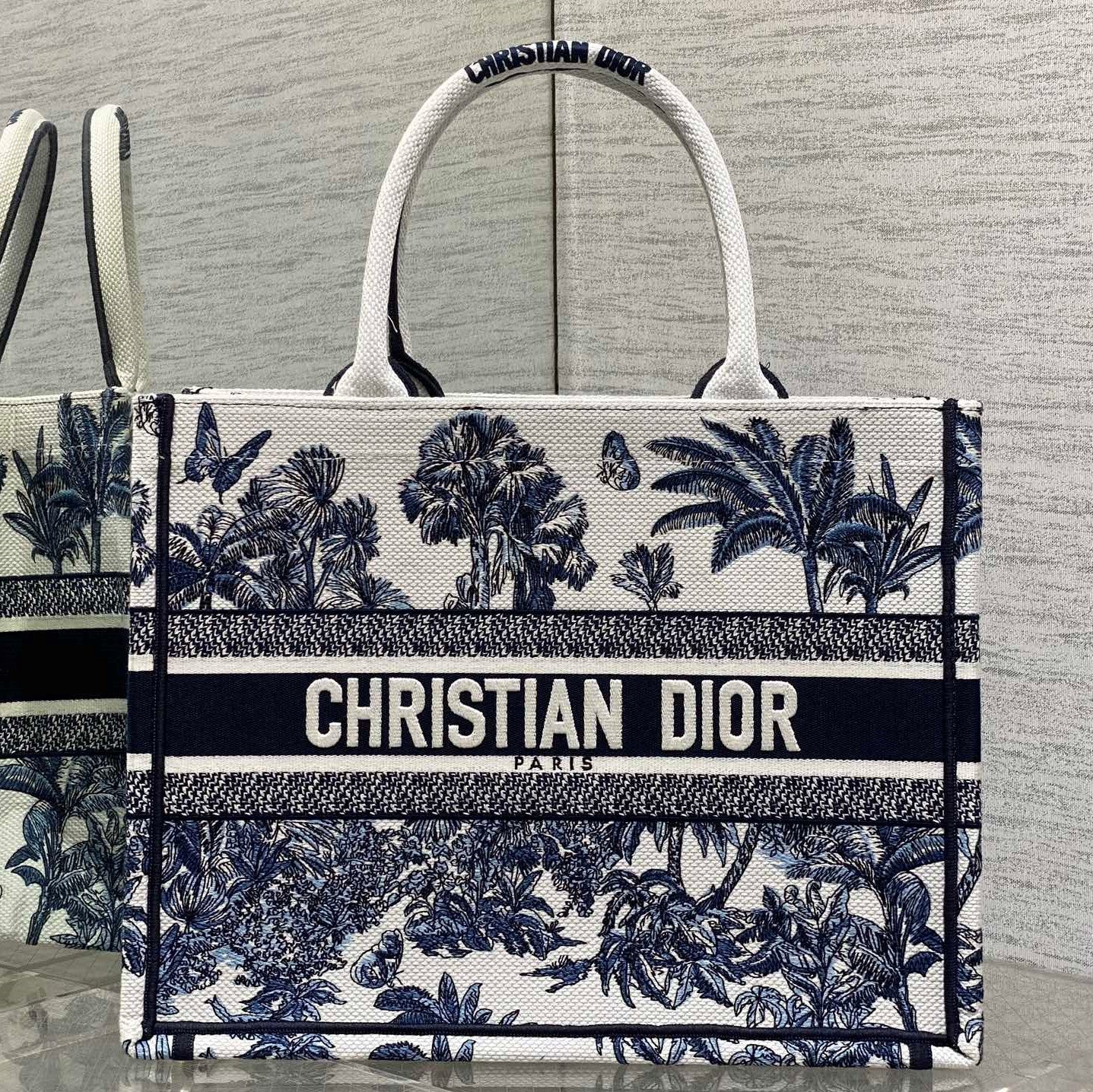 CD Medium Dior Book Tote Tropical Pattern Slate Blue White Black Cotton