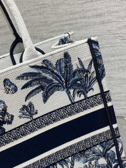 CD Medium Dior Book Tote Tropical Pattern Slate Blue White Black Cotton