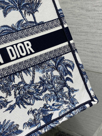 CD Larger Dior Book Tote Tropical Pattern Slate Blue White Black Cotton