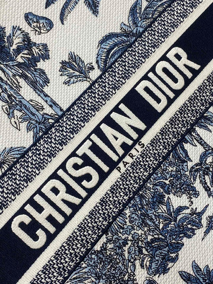 CD Larger Dior Book Tote Tropical Pattern Slate Blue White Black Cotton