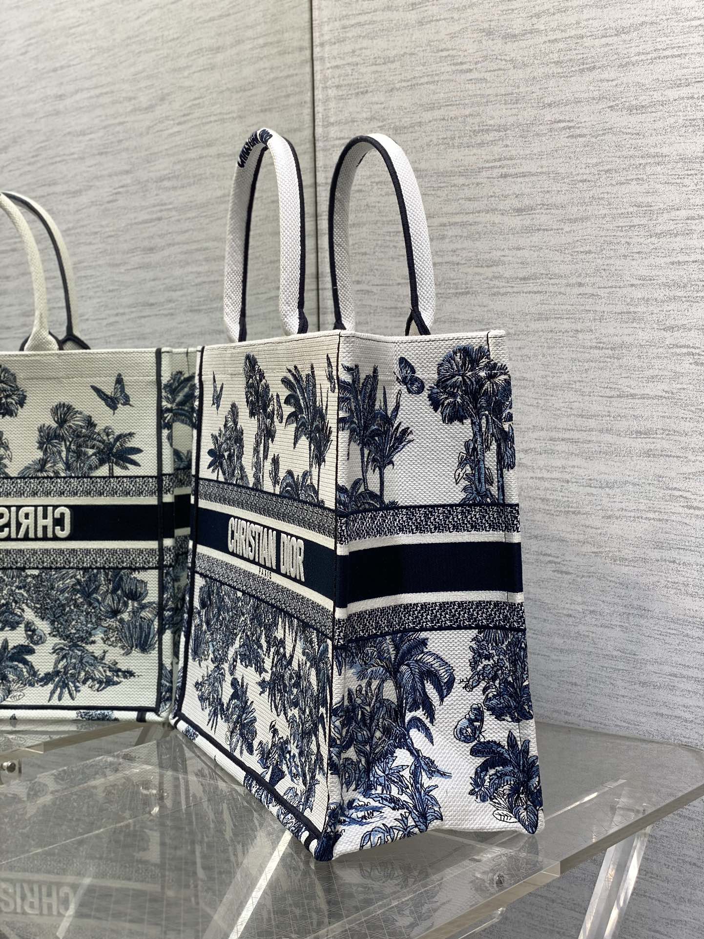 CD Larger Dior Book Tote Tropical Pattern Slate Blue White Black Cotton