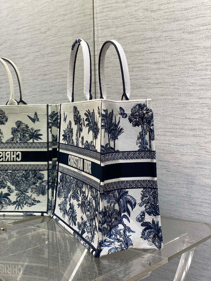 CD Larger Dior Book Tote Tropical Pattern Slate Blue White Black Cotton