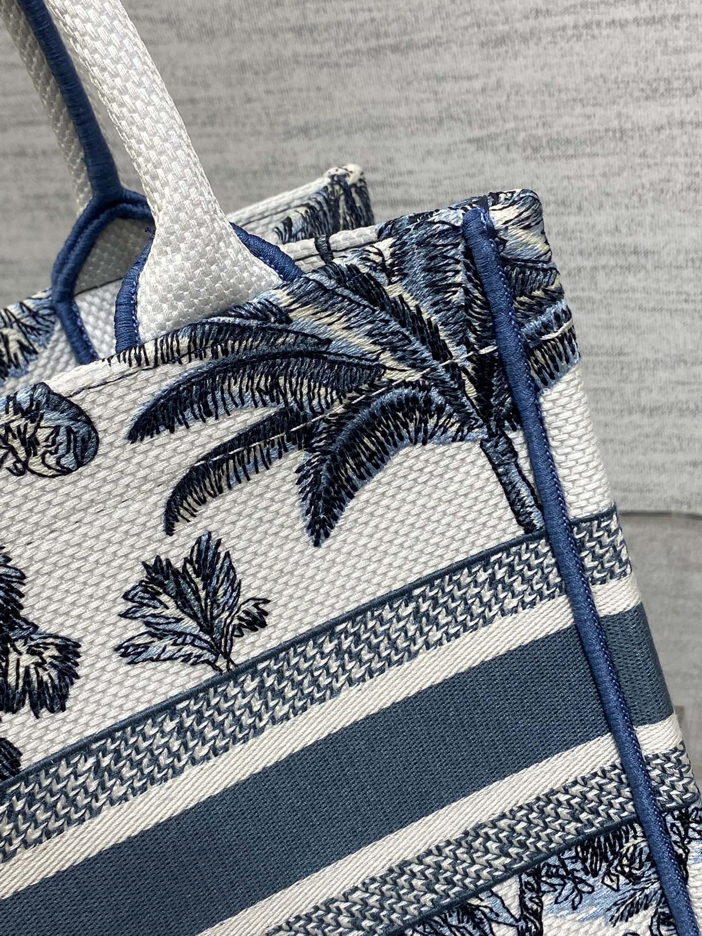CD Small Dior Book Tote Tropical Pattern Slate Blue White Cotton