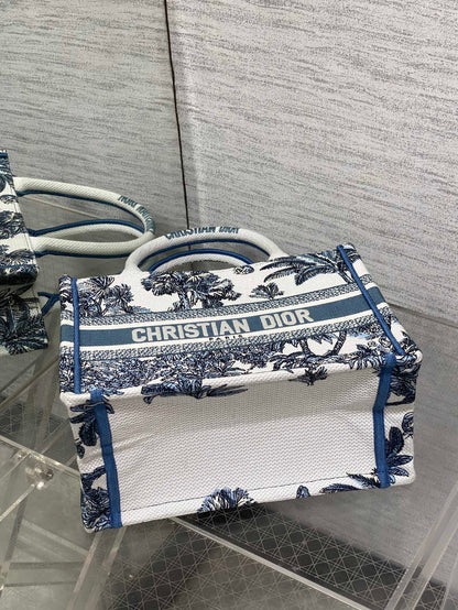 CD Small Dior Book Tote Tropical Pattern Slate Blue White Cotton
