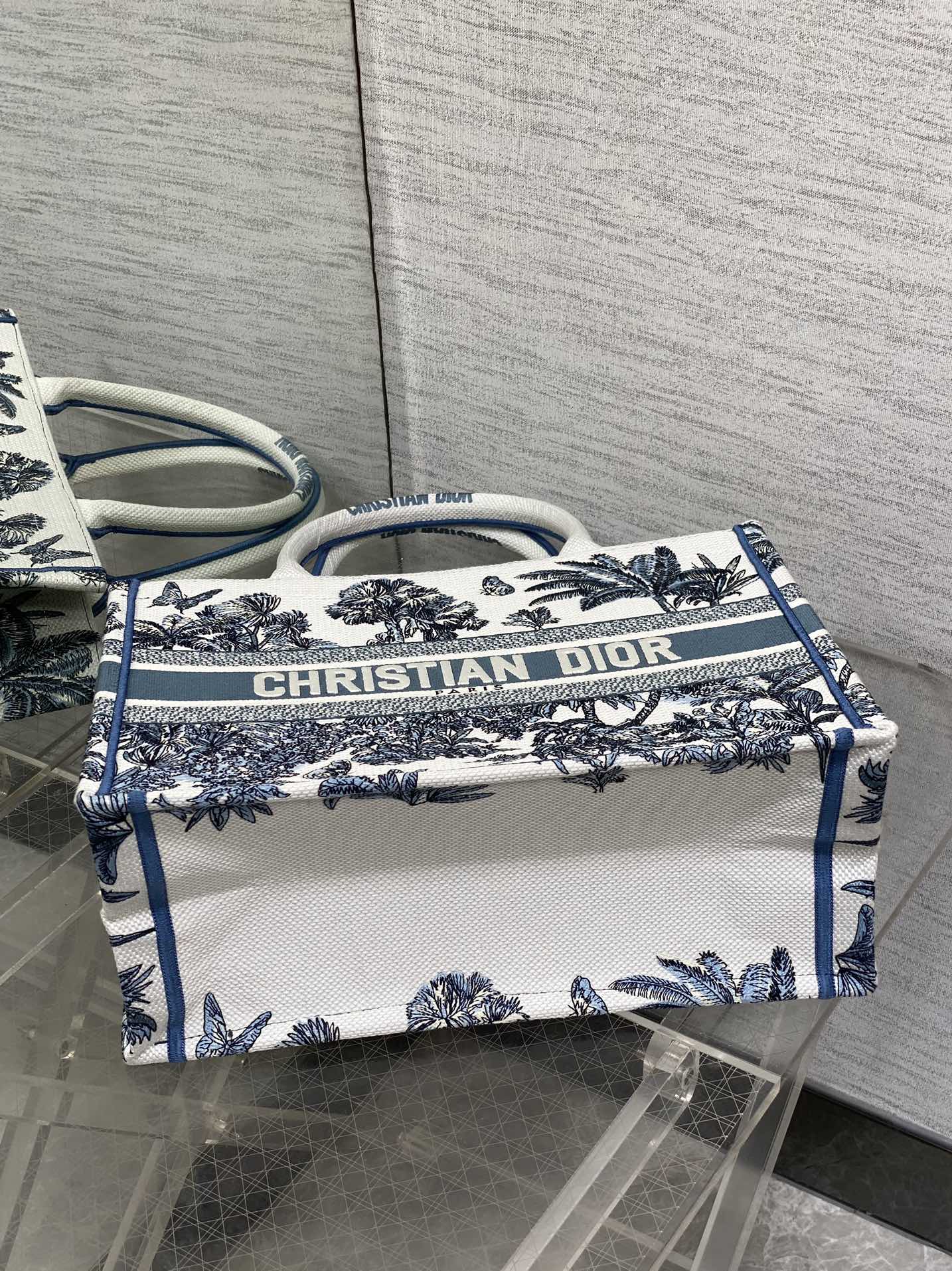 CD Medium Dior Book Tote Tropical Pattern Slate Blue White Cotton